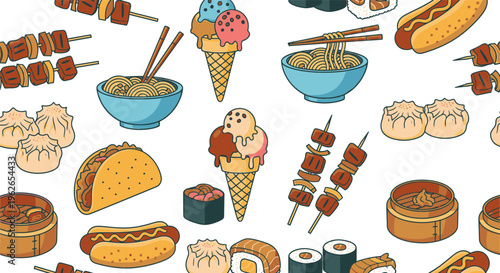 A vibrant illustration of various food items scattered on a surface