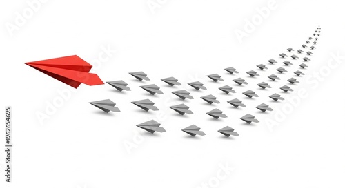 Red Paper Airplane Leading Gray Airplanes Formation in Arrow Shape, Leadership Concept, Business Strategy, Teamwork, Following the Leader, 3D Render
