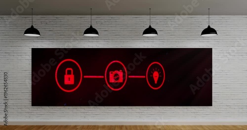 Animation of network of digital icons on television monitor