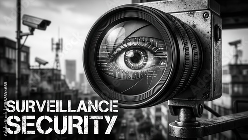 Close up of a surveillance camera lens showing a digital eye with city buildings and security cameras in the background