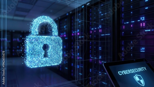 Digital padlock icon glowing in a server room with a tablet displaying CYBERSECURITY