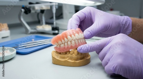 Dentist installing new dentures on dental mold for patient care.