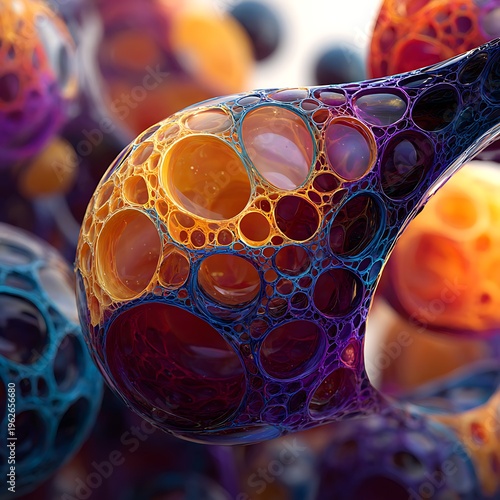 Vibrant Abstract 3D Render of Bioluminescent Bubbles and Organic Structures in Orange, Purple, and Blue Hues, Futuristic Liquid Formations