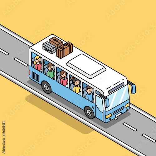 a blue and white bus driving down a road with people inside.