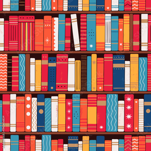 A repeating pattern of brightly colored books on wooden bookshelves, creating a cheerful design.