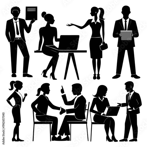 Business professionals in various office settings and interactions black silhouette vector collection