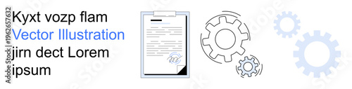 Workflow automation, legal contracts, teamwork processes, business solutions, productivity tools, digital operations. Document with signature and mechanical gears. Workflow automation and legal