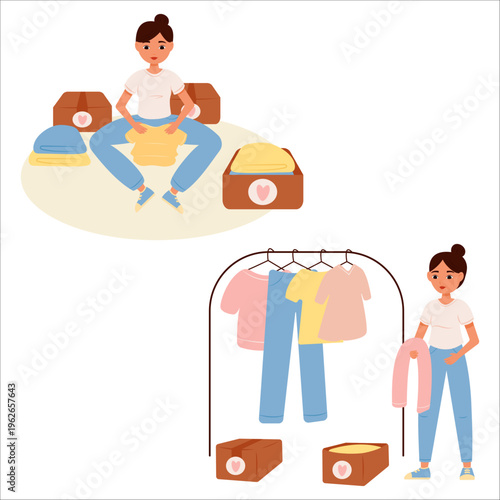 Vector illustration of clearing space and life of excess. Clearing out clutter at home, donating unwanted items