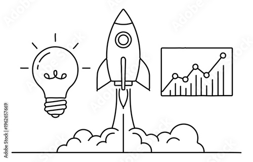 Outline vector graphic illustrating the journey from a bright idea to successful rocket launch analytics.