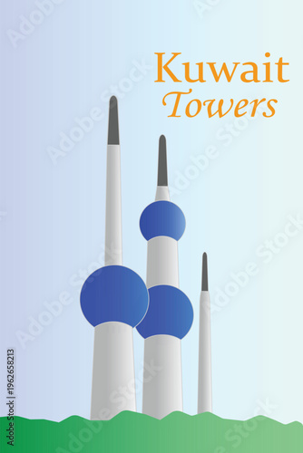 A minimalist vector illustration of the iconic Kuwait Towers featuring tall white structures with blue spherical elements against a smooth gradient background. The design includes modern typography wi