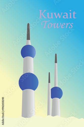 A minimalist vector illustration of the iconic Kuwait Towers featuring tall white structures with blue spherical elements against a smooth gradient background. The design includes modern typography wi