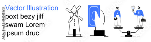 Renewable energy, digital security, teamwork, balance, idea generation, progress. A windmill, a hand with a digital element and two figures balancing ideas. Renewable energy and digital security