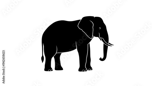 black silhouette elephant standing isolated on white background