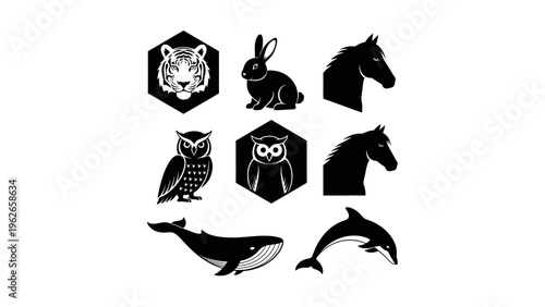 black and white animal icons set