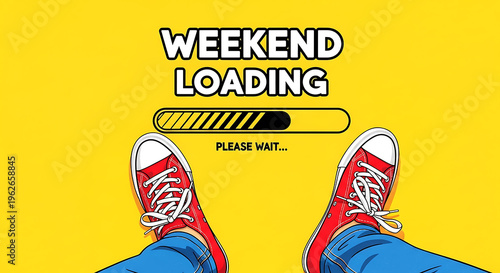 Weekend loading concept with feet in red sneakers on yellow background
