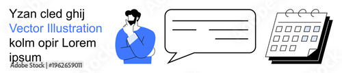 Communication, time planning, brainstorming, scheduling, discussion, teamwork. A man thinking, a speech bubble and a calendar. Communication and time planning concepts