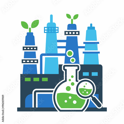 A modern factory with science and environment themes, emphasizing sustainable production and green technology