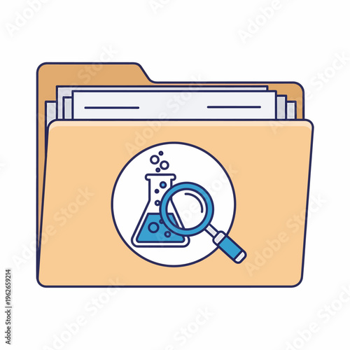 A detailed illustration of a research folder with a flask and a magnifying glass