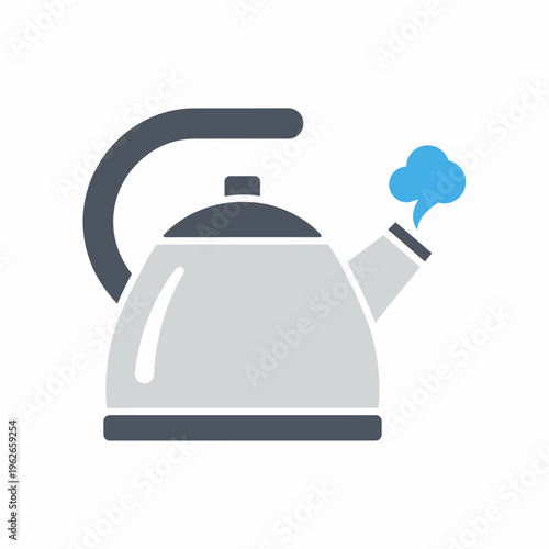 A kettle in gray color with blue steam coming out of its spout. A culinary item commonly used for heating water. 