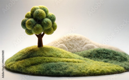 Felt tree on green hill soft textures serene landscape with distant