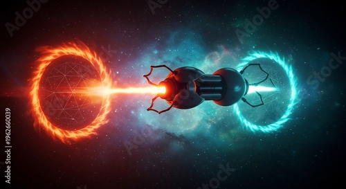 Dynamic futuristic engine firing intense energy beam connecting vibrant red and blue portals through dark cosmic space. AI Generated