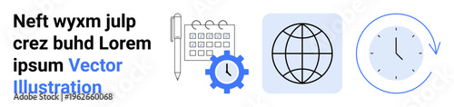 Time management, productivity tools, global business, scheduling, workflow, planning. A pen, calendar gear globe and clock are illustrated in minimalistic style. Time management and productivity