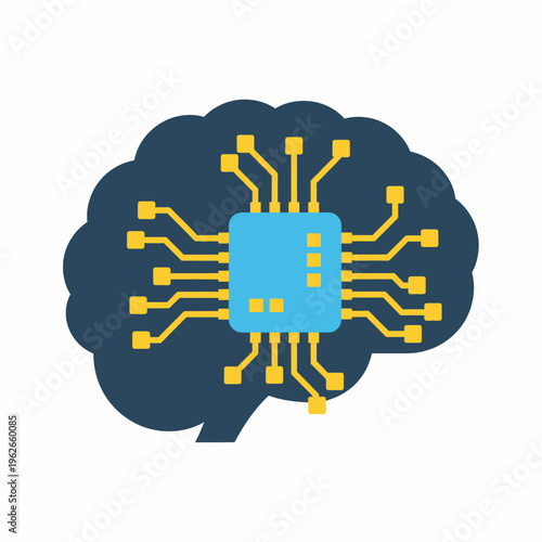 A stylized illustration of a brain with a central processing unit, representing artificial intelligence and technological innovation
