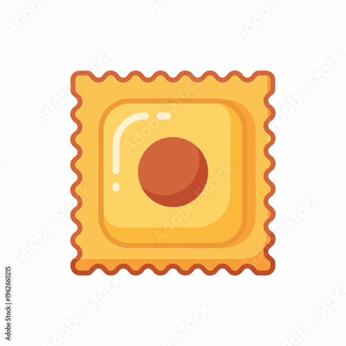 A single ravioli pasta filled with a dark center. The pasta is a light yellow, and the center is brown