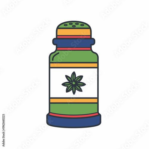A decorative illustrated Spice shaker. The shaker is filled with herb or spice.
