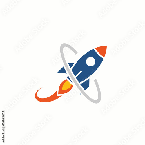 A stylized rocket with a blue body and orange flame taking off into space, with two orbital paths behind it.