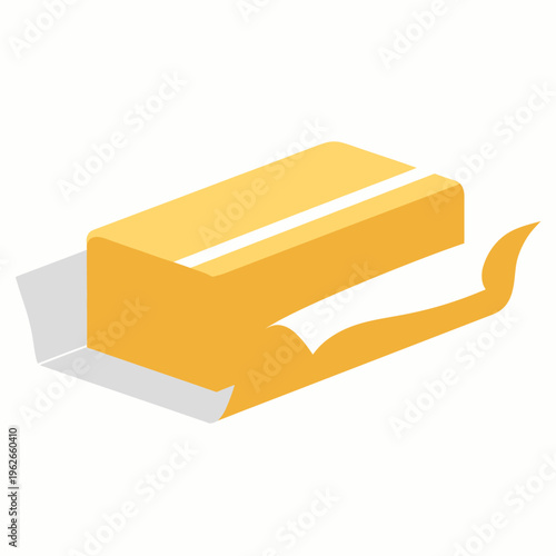 A rectangular yellow block of butter unwrapped partially 