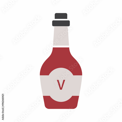 A beautifully designed wine bottle with a distinctive red liquid. It has a label and a black cap