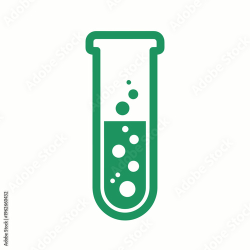 A chemical reaction is taking place inside of a test tube, with bubbles floating in a green solution. The tube itself is clear