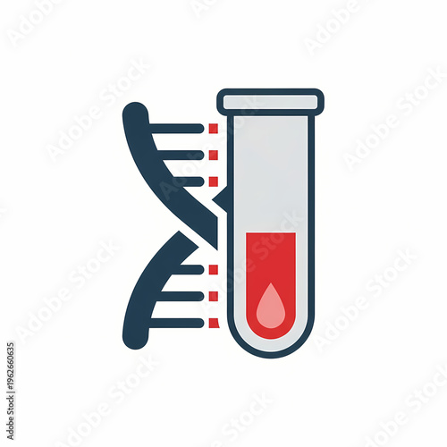 Medical illustration of DNA helix with a blood sample in a vial, representing science and medicine
