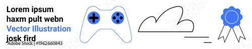 Gaming, technology, cloud services, achievement, digital storage, online connectivity. A gaming controller, a cloud icon and a badge. Gaming and technology concepts visually