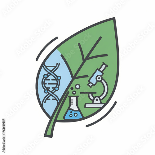 Scientific Illustration of a leaf containing biological elements like DNA double helix and a microscope, set against a clean backdrop, perfect for educational content