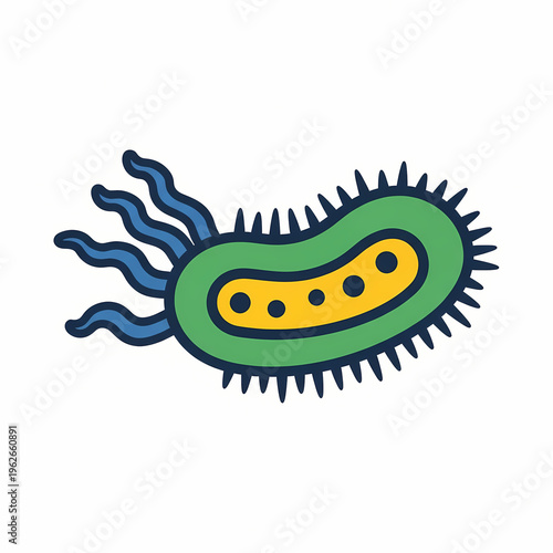 An illustrated microorganism with spiky edges and tail like extensions. The vibrant artwork depicts the complex structure of the microscopic world