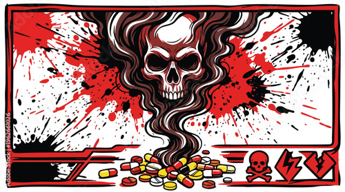 Danger Skull Arising from Pills with Blood Splatter Background