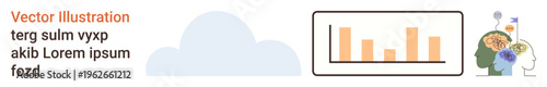 Data science, mental processes, cloud technology, statistical reports, productivity, innovation. Brain with interconnected icons, bar chart and cloud symbol. Data science and mental processes