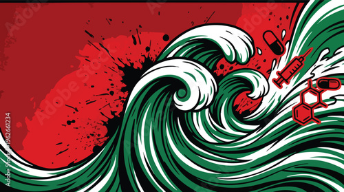 Waves Fighting Drug Symbols Bold Graphic Poster Background Red Green