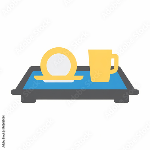 A simple vector illustration of a breakfast tray with a cup and plate