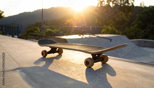 Skateboard at skatepark during sunset with warm light casting shadows on concrete surface creating dynamic atmosphere and promoting outdoor sports