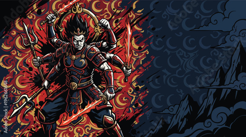 Ashura Warrior God Standing in a Bold Graphic Poster Background Design