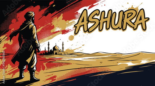 Ashura Commemoration with a Man in Turban Viewing a Mosque in Desert Landscape