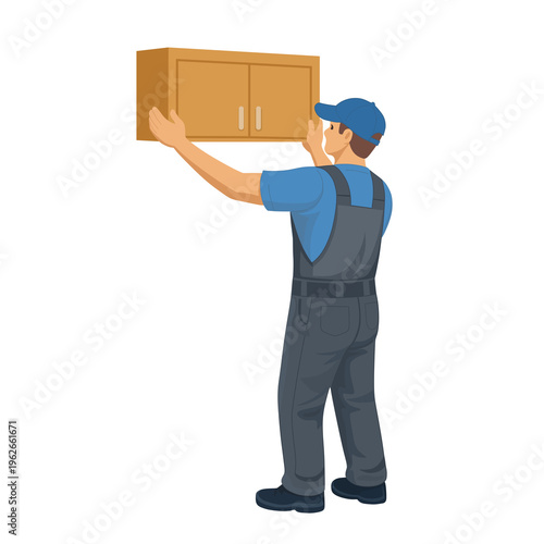 Furniture installer holding wall cabinet, handyman vector isolated on transparent background