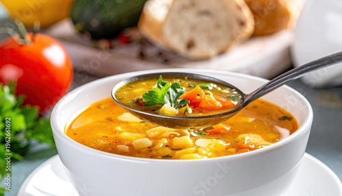 Spoonful of hearty vegetable soup with carrots and parsley perfect for a comforting and nutritious meal presented in a white bowl for a warm and inviting dish