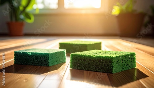 Three green sponges on wooden surface in bright light; kitchen cleaning supply for washing dishes in home or restaurant