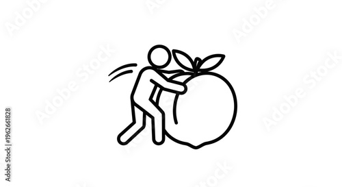 Energetic stick figure pushing a massive fruit icon symbolizing ambition and healthy lifestyle goals