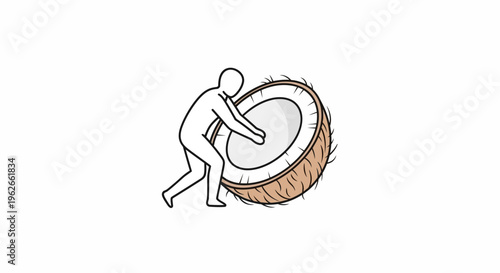 A minimalist line art depiction of a person exerting effort to move a large split coconut