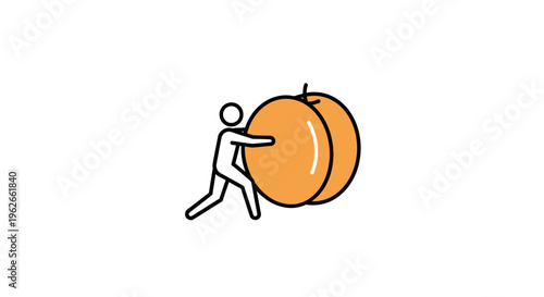 Vibrant flat line icon of a determined individual pushing two enormous orange fruit spheres on a